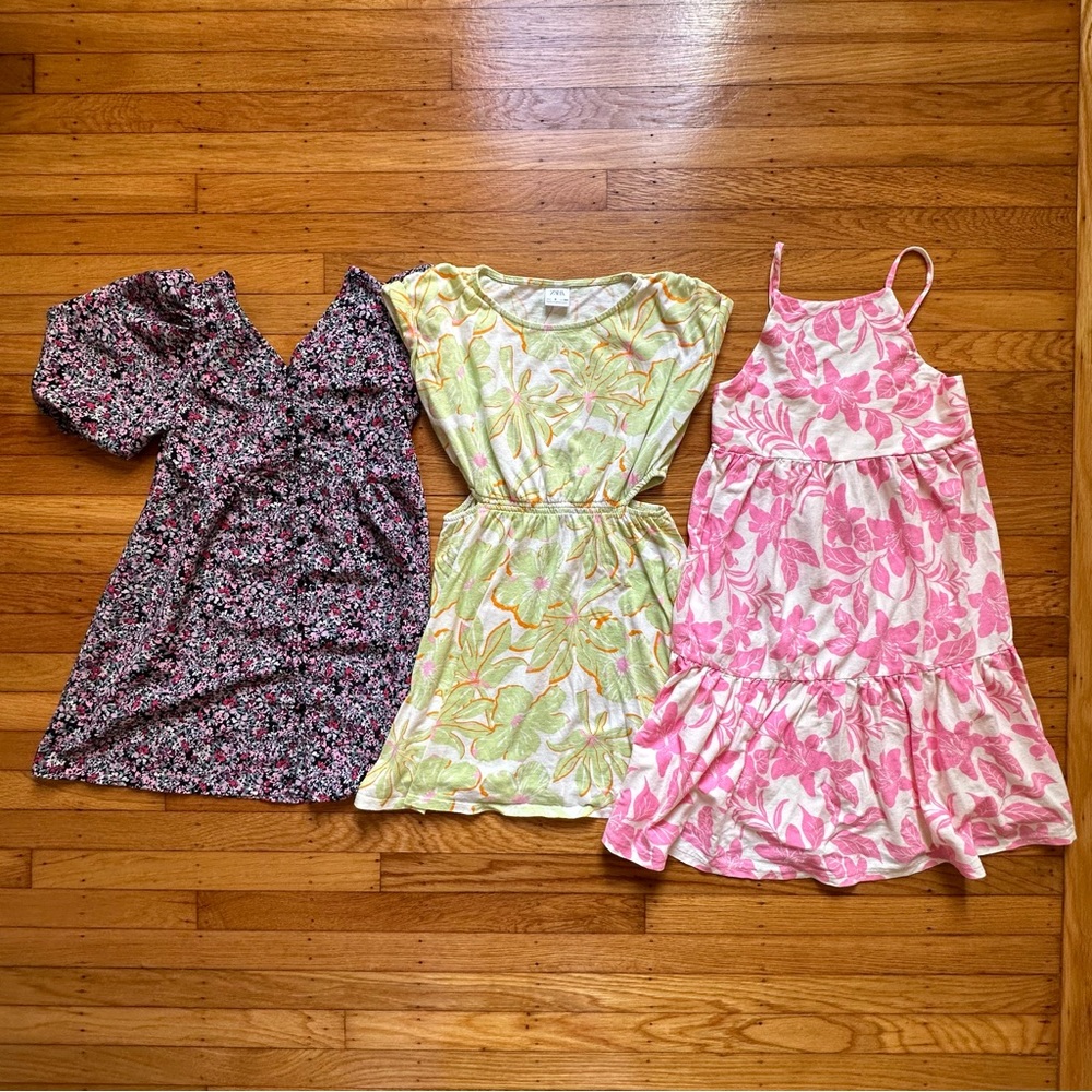 Zara Girls Floral Tropical Dresses Bundle Size 9 & 10 Pink Green Black